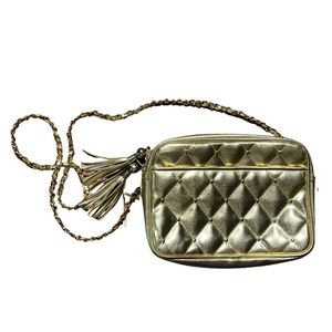 Glam Vintage Quilted Gold Purse with Chain Strap Crossbody